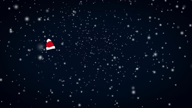 Snowfall on dark blue night sky with floating santa hat. Animated winter christmas background.