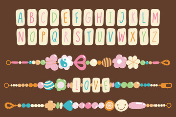 Old school retro friendship bracelets and bead alphabet. Handmade jewelry. Cute doodle set of 00s and 90s. Trendy hippie collection. Flat vector script. Do it yourself concept. Hand written letters