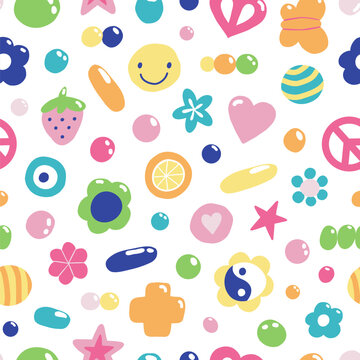 Cute set of 00s and 90s doodle seamless pattern