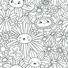 Hippie groovy floral seamless pattern - 648207944