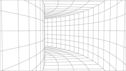 Tunnel or hall. Digital 3d wireframe tunnel. 3D tunnel grid. Background abstract vector image
