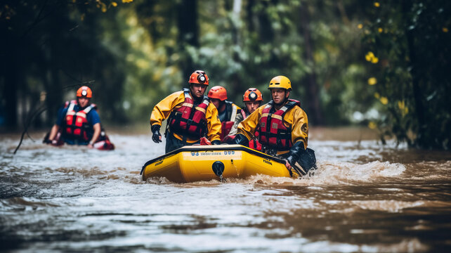A group of firefighters using boats and other equipment to rescue people stranded in a water-related emergency, such as a flood or a capsized boat.Generative AI.