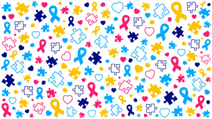 World autism awareness day puzzle pieces pattern background template celebrated in 2 April. use to banner, card, greeting card, poster, book cover, placard, frame, social media post banner template.