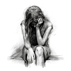 Sketch of a woman with her head down in despair held