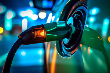 extreme close up photo of an electrical car charging at a gas station - obrazy, fototapety, plakaty