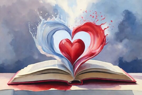 watercolor heart shape in open book pages
