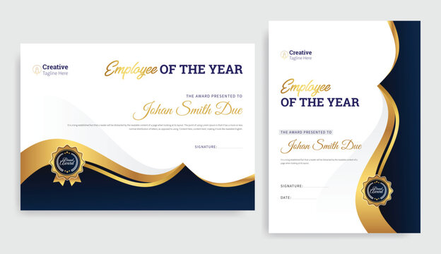 Certificate Design. Luxury Employee of The Year Certificate Design. Best Employee certificate, Employee of The Month Award Certificate With Gold Shape. 
