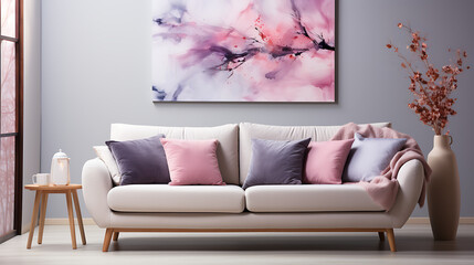 Modern Living Room Chic Grey Sofa, Pink Accents, and Abstract Art