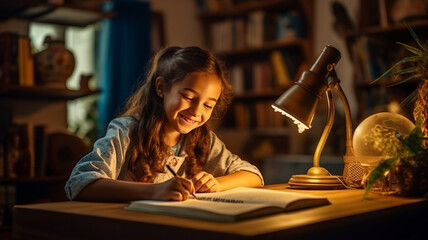 Smiling child school girl doing homework while sitting at desk at home.generative ai