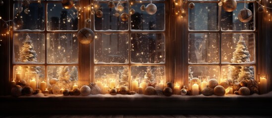 Window frame with Christmas lights as background