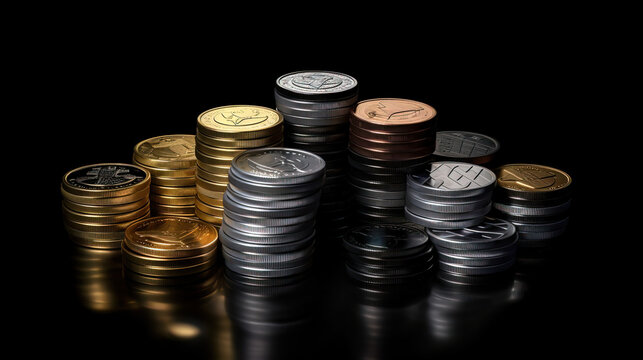 Different Stacks of all type of shiny crypto currency coins isolated on black background. Generative AI.