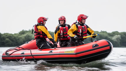 side view of two fireman on a small inflatable rescue boat.