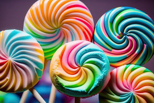 Colorful lollipops on a dark background, close up