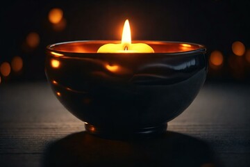 Obraz na płótnie Canvas a lit candle in a decorative metal bowl