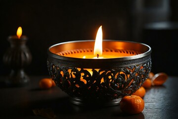 a lit candle in a decorative metal bowl