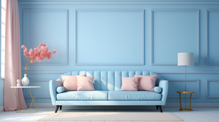 Interior of the room in plain monochrome pastel blue