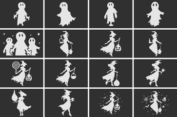 Obraz na płótnie Canvas Silhouette of a halloween witch with Ghost vector bundle