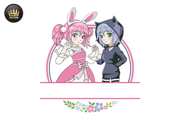 llustration of cute girl couple rabbit and cat logo template