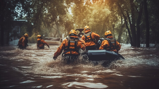 A group of firefighters using boats and other equipment to rescue people stranded in a water-related emergency, such as a flood or a capsized boat.