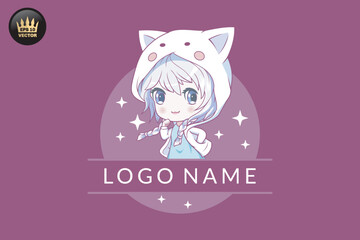 Cute girl wearing cat ear hoodie logo cartoon