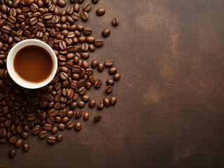 coffee background dark brown background coffee cup among coffee beans on the left