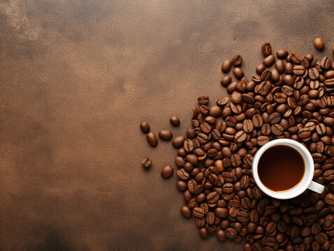 coffee background dark brown background coffee cup among coffee beans on the right
