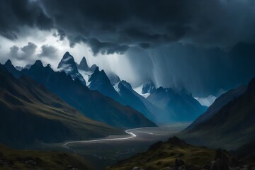 a hyper-realistic scene of the a mountain range in during a thunderstorm - AI Generative