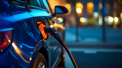 extreme close up photo of an electrical car charging at a gas station - obrazy, fototapety, plakaty