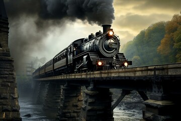 Steam locomotive crossing old bridge. Generative AI - obrazy, fototapety, plakaty