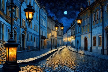Naklejka premium a night landscape of old Lviv with lanterns and light sources - AI Generative