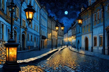 Papier Peint photo Brugges a night landscape of old Lviv with lanterns and light sources - AI Generative