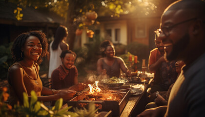 Grupo de amigos y amigas disfrutando de una comida de barbacoa en el jardín. Imágen idilica
 con luz dramatica de puesta de sol y vegetacion. Ia generado.
 - obrazy, fototapety, plakaty