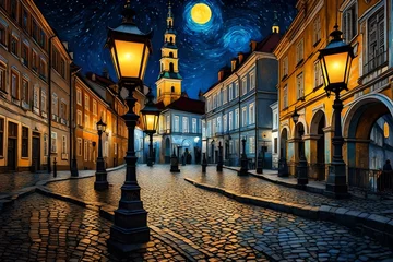 Zelfklevend Fotobehang a night landscape of old Lviv with lanterns and light sources - AI Generative © Being Imaginative