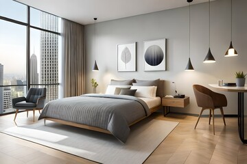 Modern Apartment Interior Bedroom Design with warm colour scheme, grey and white wall, mix wooden furniture and beautiful bedding stuff