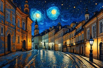 Fotobehang a night landscape of old Lviv with lanterns and light sources - AI Generative © Taimoor