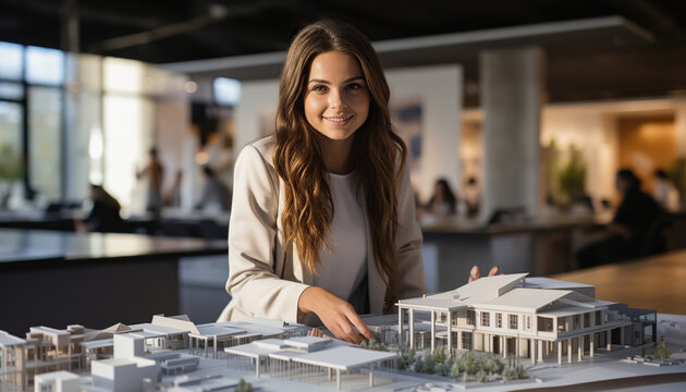 Joven chica estudiante de arquitectura presentando su proyecto de arquitectura. 
Maqueta y boceto en sala de estudiantes en la universidad.Ia generado.