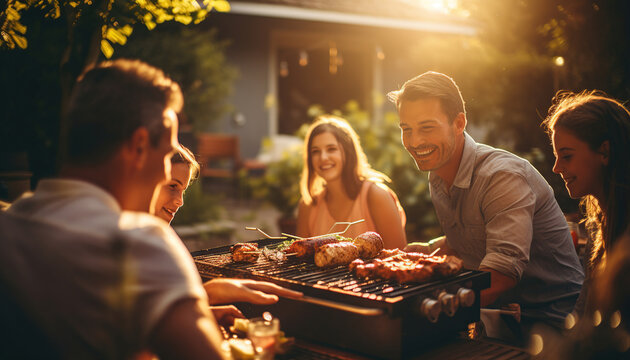 Grupo de amigos y amigas disfrutando de una comida de barbacoa en el jard&iacute;n. Im&aacute;gen idilica
 con luz dramatica de puesta de sol y vegetacion. Ia generado.
