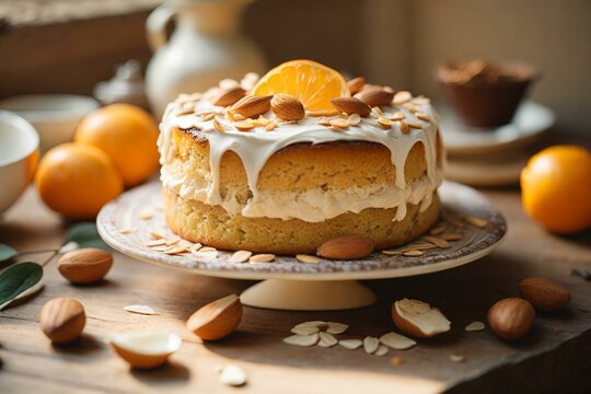 Delicious sweet cake with orange and almond petals on grey wooden table