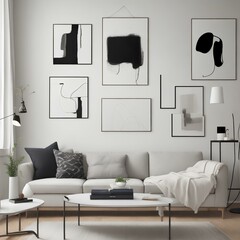 Modern luxury with a living room design that features a sleek white sofa adorned with plush pillows and a cozy blanket. Against the backdrop of a clean white wall, an abstract art poster