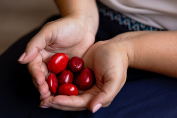 Woman's hands holding red painted stones on the palms of her hands. Concept of relaxation and spiritual practice. Selective approach. Natural light