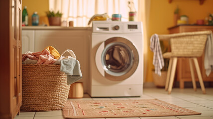 Washing machine, Washing gel and laundry basket in house. interior design.Generative AI. - obrazy, fototapety, plakaty
