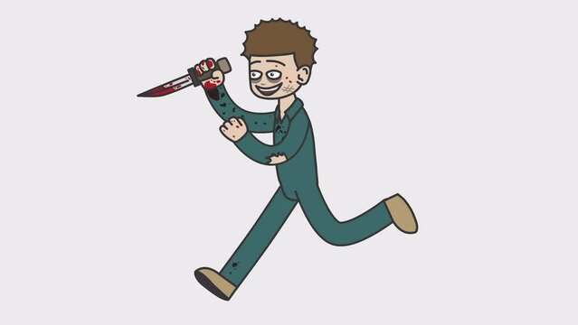 White male maniac holding a knife in his hand runs. Looped 4K video with alpha-channel.