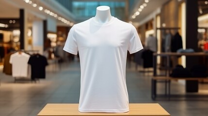 Blank white t-shirt on realistic mannequin on mockup template in luxury store