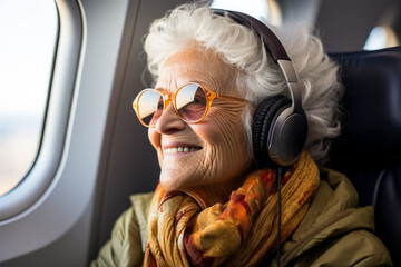 Old woman travels by plane 