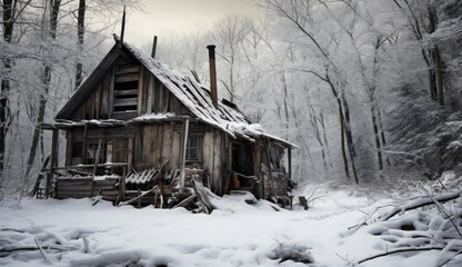 Hunting Cabin. Wood cabin in a winter forest landscape. Snowing Christmas. 