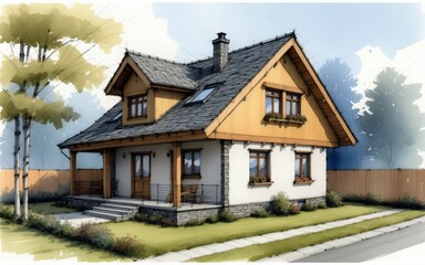 Fototapeta na wymiar Sketch, construction design, architectural concept of building a house