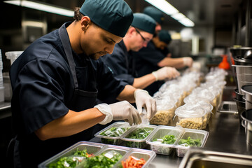 Behind-the-scenes look at airline catering facilities where chefs and kitchen staff prepare and package meals for passengers 