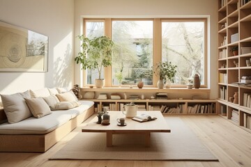 Modern blend of Japanese and Scandinavian styles in a well-lit living space, using natural materials. Generative AI