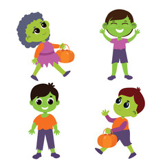 Set of children in zombie costumes with baskets in their hands. Halloween illustration in cartoon style isolated on white background.