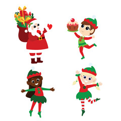 Set of Santa Claus and elves in cartoon style isolated on white background. Cute and positive Christmas characters.